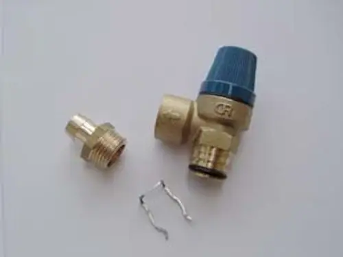 Sicherheitsventil der Marke Remeha aus Messing mit einem blauen Kopf und einer Anschlussöffnung, neben einem gewindeartigen Teil und einer Halteklammer.